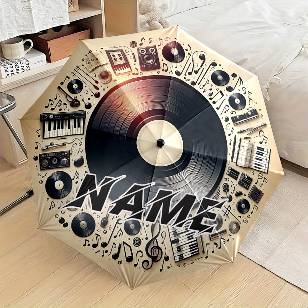 Musical Instrument And Names - Personalisierter Regenschirm mit Namen, „Vintage-Musikalbum-Design mit