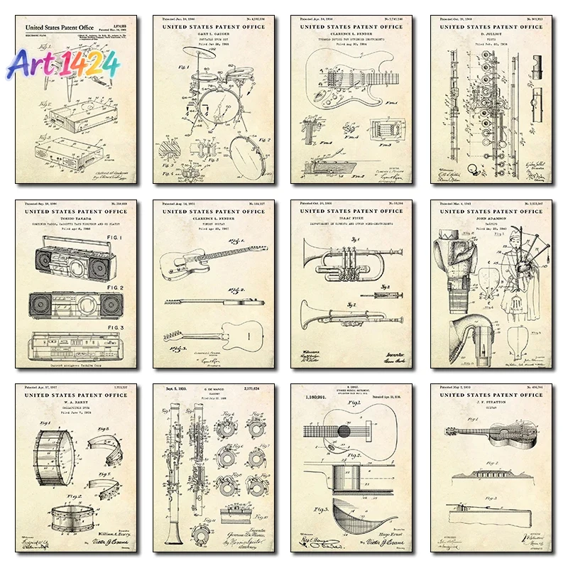 Picture Of Musical Instrument - Patent Vintage Musikinstrument Akustikgitarre Zusammenklappbare Trommel