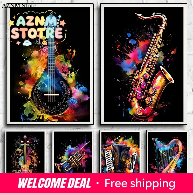 Picture Of Musical Instrument - Musikinstrumente Violine Harfe Saxophon Ukulele Poster